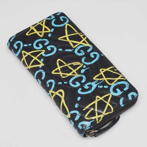 Gucci Black Multicolor Quilted Leather Gucci Ghost Metalasse Zippy Wallet - Picture 2 of 11